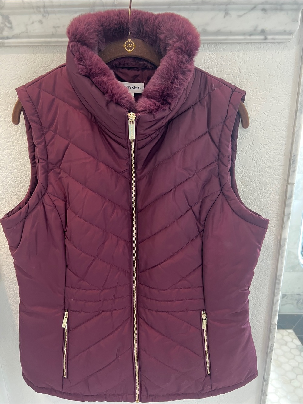 Calvin Klein Quilted Faux-Fur Collar Vest - Plum